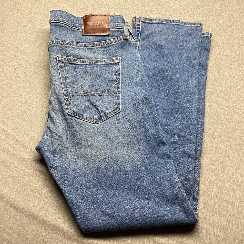 Mens Hollister Slim Straight Jeans W33 L32 Epic Flex Medium Wash Distressed